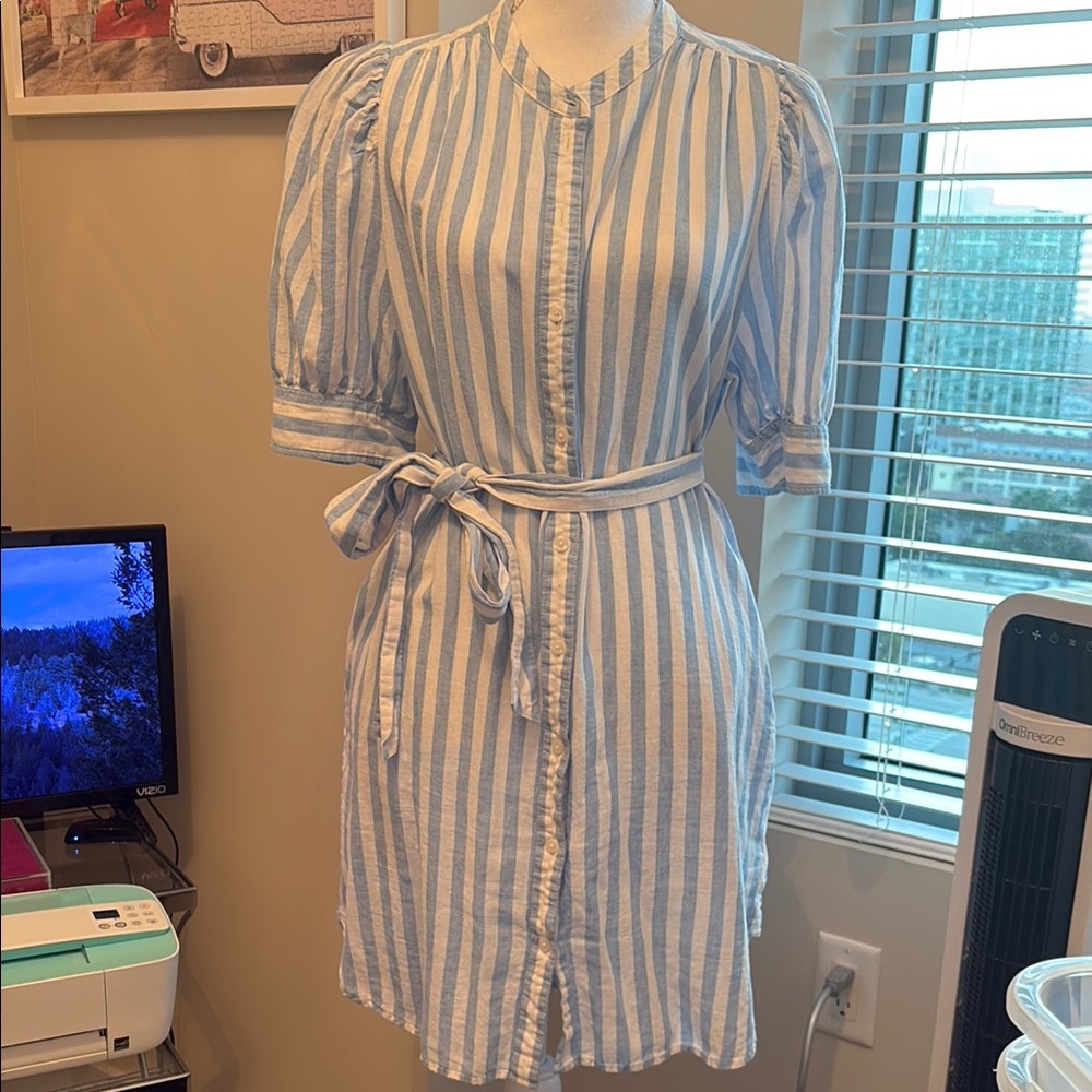 Gap Blue and White Striped Linen Belted Shirt Dress Large
